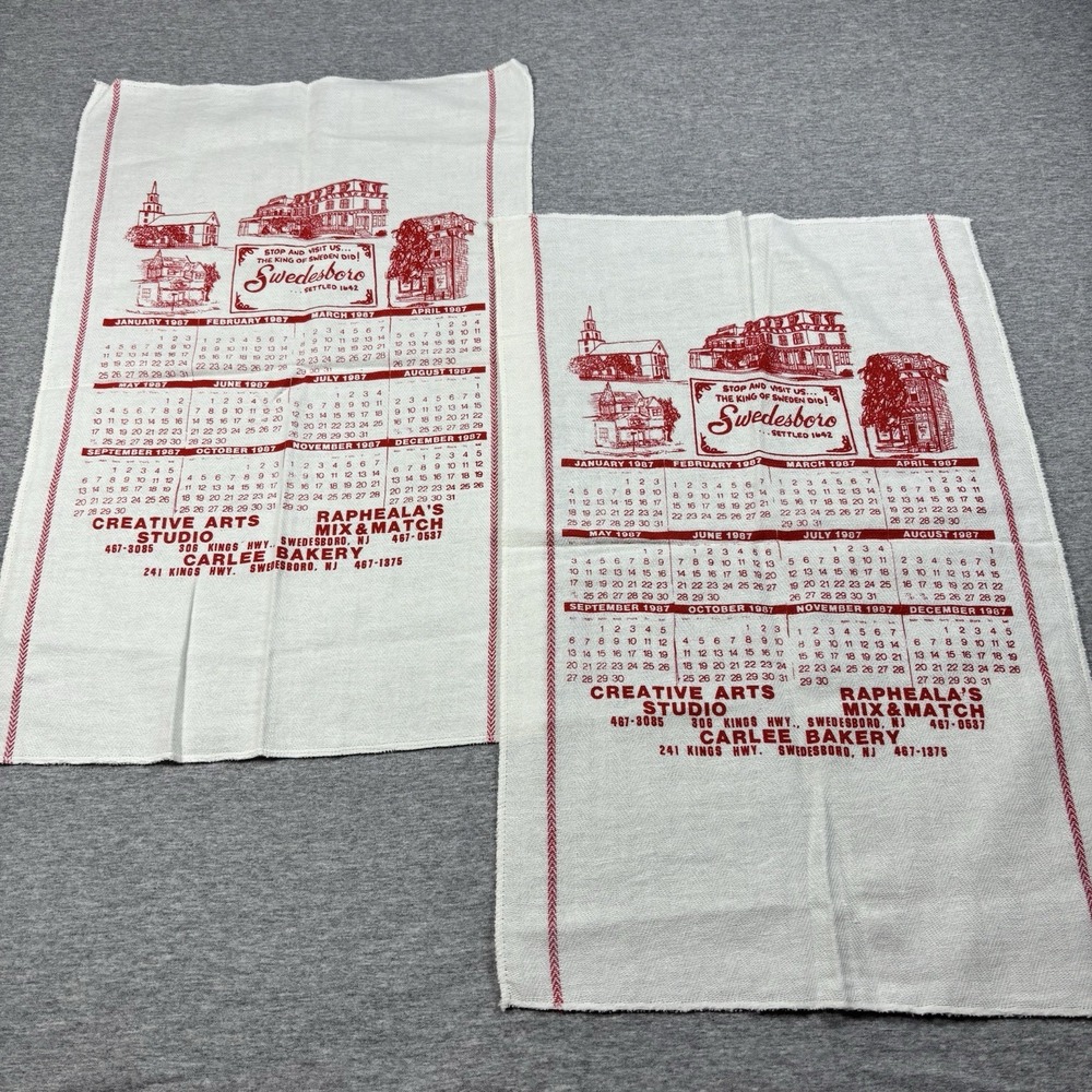 1987‎ Swedesboro New Jersey Linen Calendar Kitchen Tea Towels Vintage